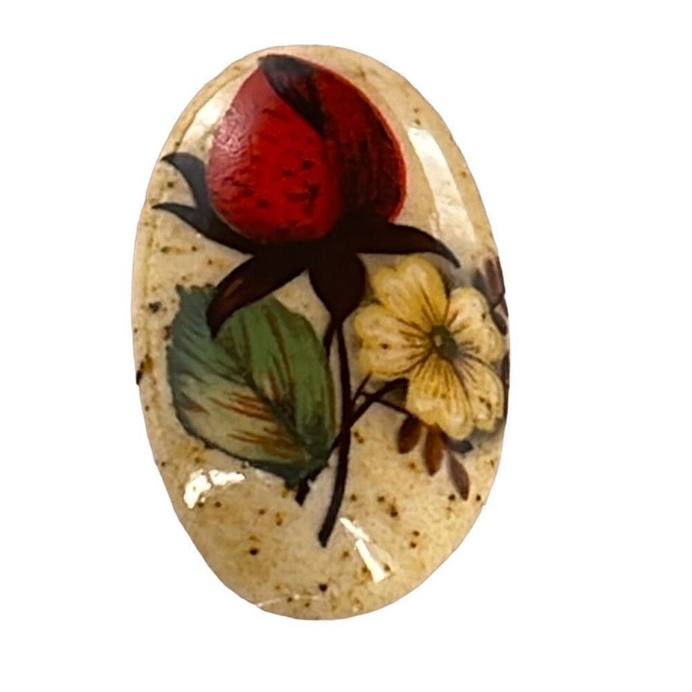 Vintage brooch domed Artisan hand painted flower on ceramic.